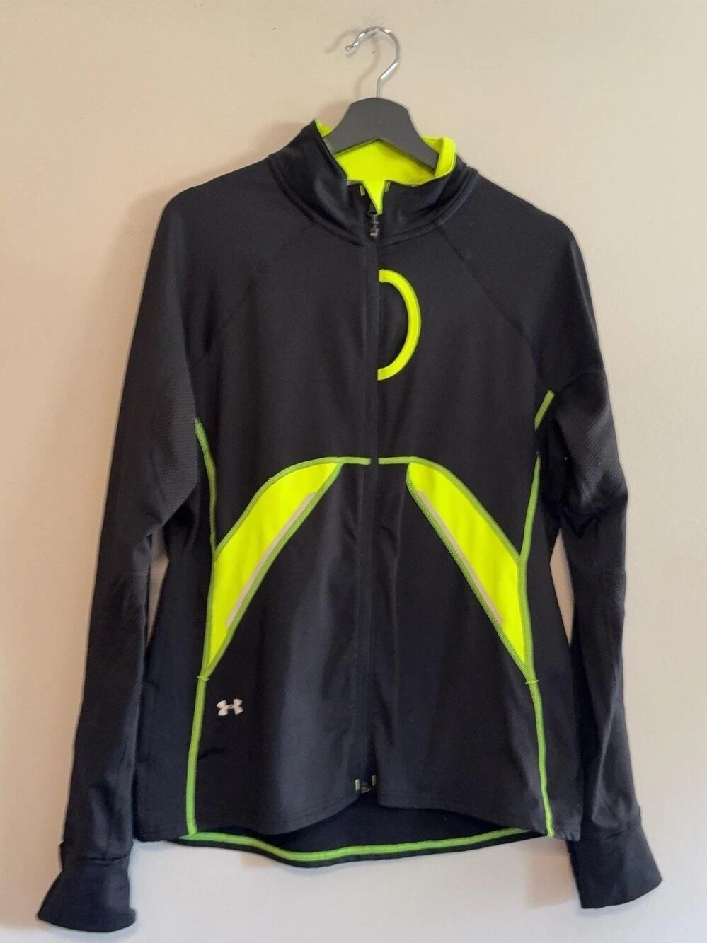 Under Armour Jacket Mens Large Black ColdGear Run Neon Yellow Reflective